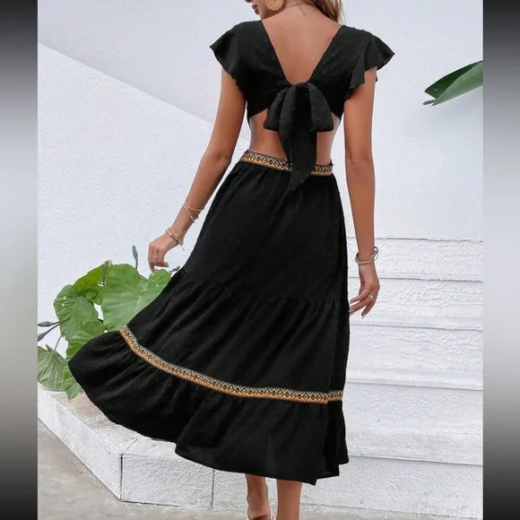 Boho Black Swiss Dot Plunge Neck Open Back Tie Backless Maxi Dress - Picture 1 of 7